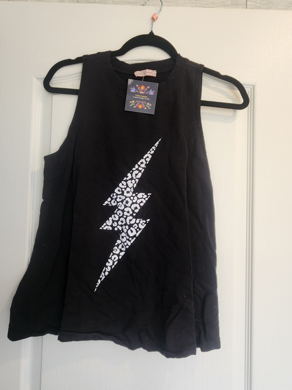 Ces Femme Black Tank Top with White Leopard Lightning Graphic S Euc